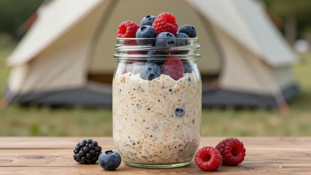 Overnight oats jar with berries at campsite