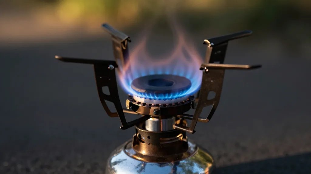 Camp stove with blue flame in morning sunlight
