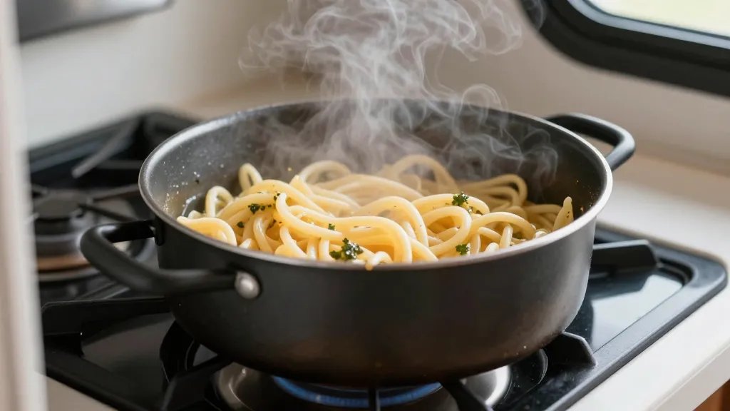 Closeup of steaming one-pot pasta inside compact RV stovetop