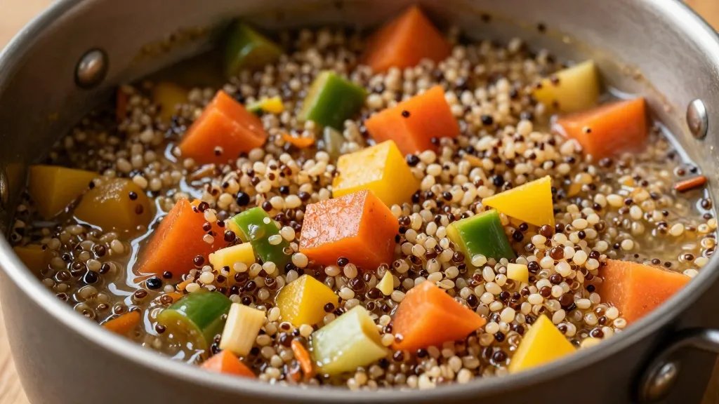 Closeup of camping pot with colorful vegetarian quinoa stew