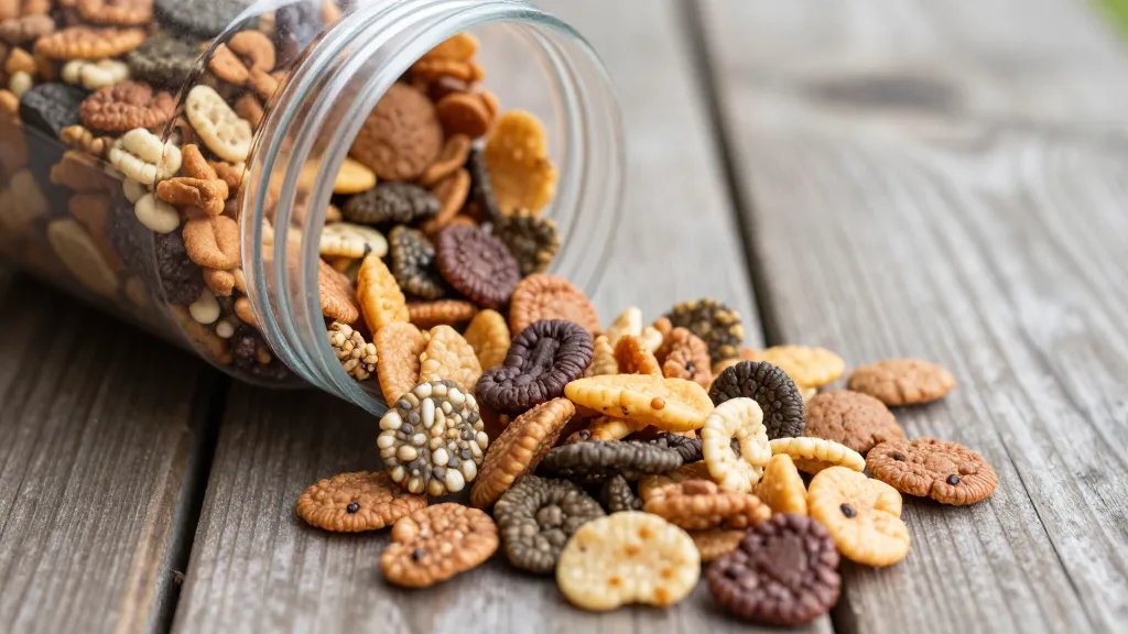 Closeup of trail mix spilling from container onto wooden picnic table