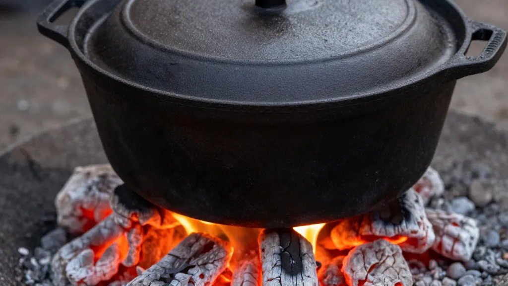 Cast iron dutch oven surrounded by campfire coals closeup