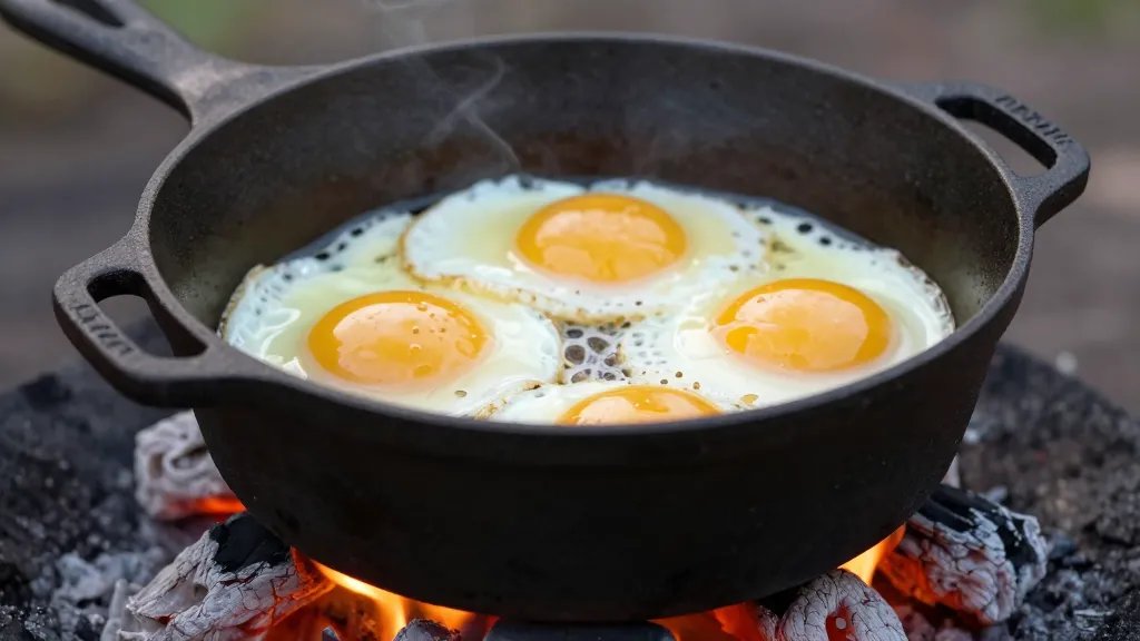 Closeup of cast iron Dutch oven with breakfast cooking over campfire coals