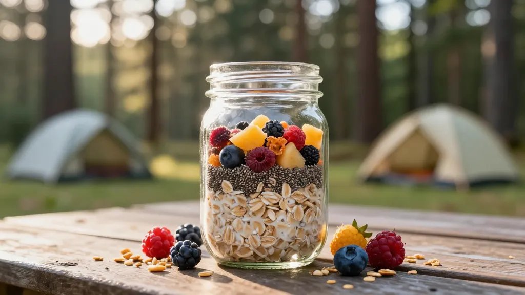 A bright early morning camping scene showing a close-up of overnight oats in a clear mason jar with visible layers of oats, chia seeds, and colorful dried fruits, placed on a wooden picnic table with a blurred forest campsite background, natural golden hour lighting filtering through pine trees, accompanied by fresh berries and granola scattered around the jar, shallow depth of field photography style