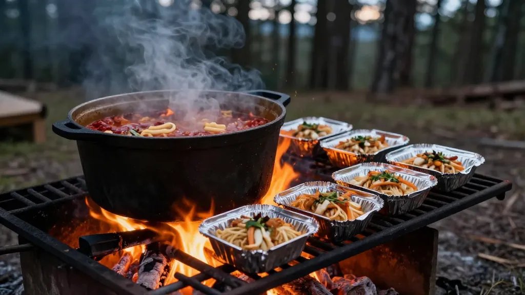 A rustic camping scene showing a large cast iron pot sitting on a campfire grate filled with steaming chili mac, with vibrant orange flames glowing underneath at dusk, alongside several foil packet meals wrapped in aluminum foil resting on the grill edge, smoke gently rising, surrounded by pine trees in soft focus background, warm firelight illuminating the scene from below, shot from a 45-degree angle, documentary-style outdoor photography