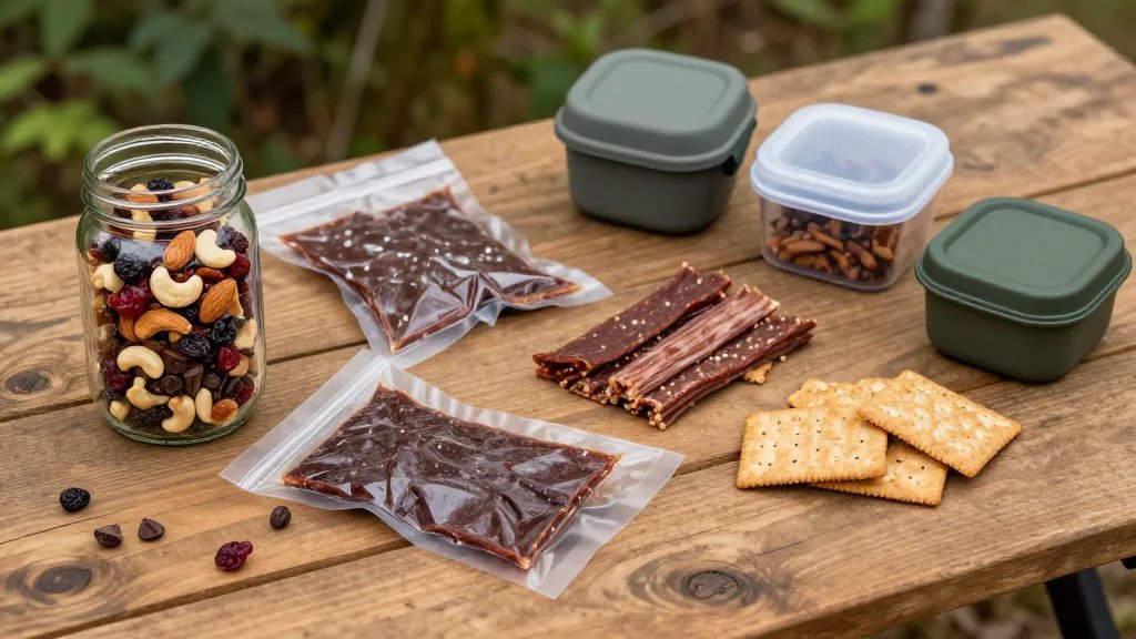 A high-angle overhead shot of a rustic wooden camping table displaying an array of durable camping snacks artfully arranged: a mason jar filled with colorful homemade trail mix containing almonds, cashews, dried cranberries, and dark chocolate chips, vacuum-sealed beef jerky strips, turkey sticks, whole grain crackers scattered naturally, and individual portions in reusable camping containers, all bathed in natural outdoor lighting with hints of green forest foliage softly blurred in the background, shot in warm earth tones with a shallow depth of field to emphasize the texture and durability of the non-perishable snacks