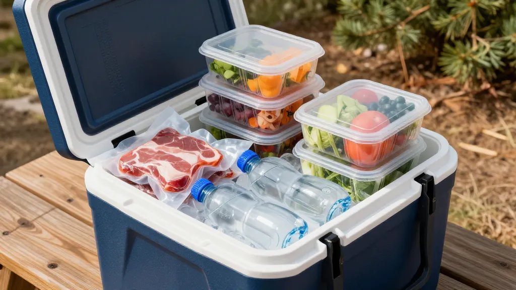 A high-angle overhead view of an open blue camping cooler expertly organized with strategic packing layers, showing block ice at the bottom, vacuum-sealed meats and frozen water bottles neatly arranged in the middle layer, and fresh produce in sealed containers on top, all sitting on a wooden picnic table at a sunny campsite with pine trees blurred in the background, professional food photography style with natural lighting casting soft shadows