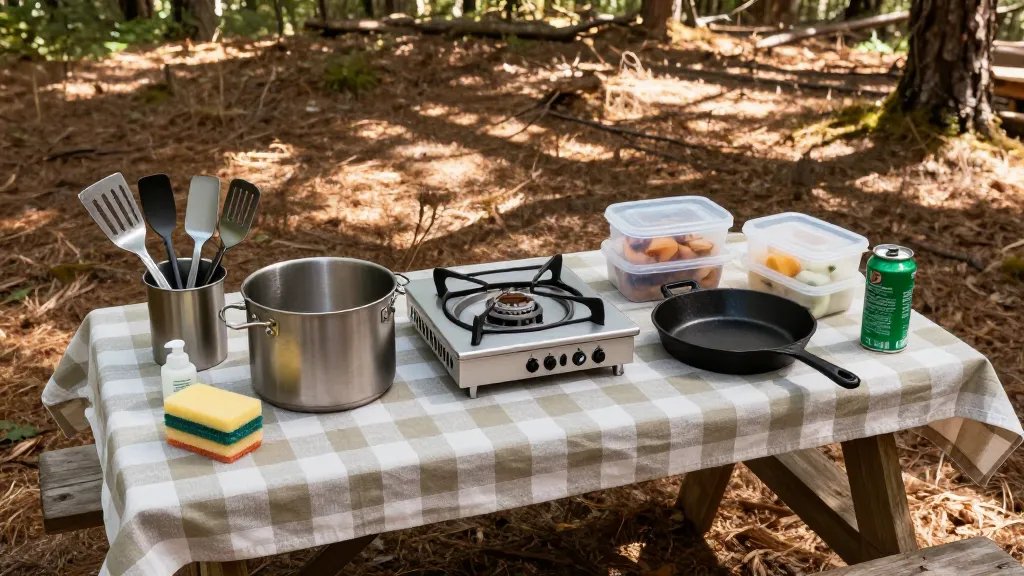 A high-angle overhead view of a well-organized camping kitchen setup on a wooden picnic table in a forest clearing, featuring a silver two-burner propane camp stove as the centerpiece, surrounded by a large stainless steel pot, a cast iron skillet, metal spatula and cooking utensils in a container, biodegradable soap and sponges, sealed food storage containers, and green fuel canisters, all arranged neatly on a checkered camping tablecloth, with dappled sunlight filtering through pine trees in the background creating natural shadows across the scene, captured in sharp realistic detail with warm earthy tones and outdoor camping atmosphere
