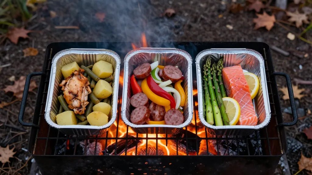 A overhead shot of three open aluminum foil packets placed on camping grate over glowing orange campfire coals at dusk, each containing different combinations of colorful ingredients - one with golden chicken, diced potatoes and green beans, another with sliced sausage, red and yellow peppers and onions, and the third with pink salmon, asparagus spears and lemon slices, all steaming in the cool evening air with fall leaves scattered around the campsite ground
