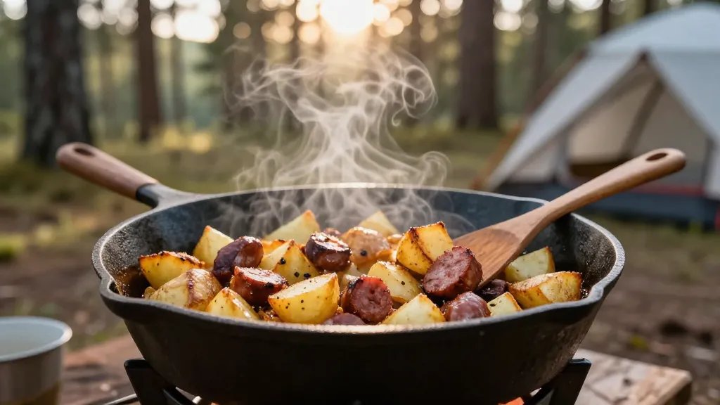 A rustic breakfast scene showing a well-seasoned cast-iron skillet filled with golden-brown crispy diced potatoes and chunks of breakfast sausage cooking over a camping stove, with morning sunlight filtering through pine trees in the background, steam rising from the hot food, a wooden spatula resting beside the skillet, and the blurred silhouette of a tent visible in the soft-focus background, captured from a side angle with warm, inviting lighting that emphasizes the crispy texture of the hash