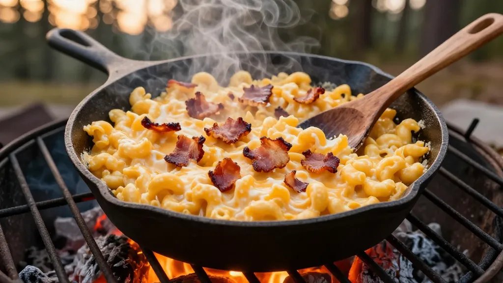 A close-up overhead shot of a cast iron skillet filled with creamy, golden mac and cheese sitting on a campfire grate with glowing orange embers visible underneath, wisps of steam rising from the melted cheese, crispy bacon bits scattered on top, with a wooden spoon resting in the skillet and pine trees blurred in the background during golden hour lighting