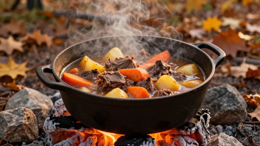 A rustic cast iron Dutch oven sitting on glowing campfire coals with steam rising from a rich, bubbling beef stew filled with chunks of tender meat, orange carrots, and golden potatoes, photographed from a low angle against a backdrop of autumn forest with fallen leaves scattered around the campfire stones during golden hour lighting