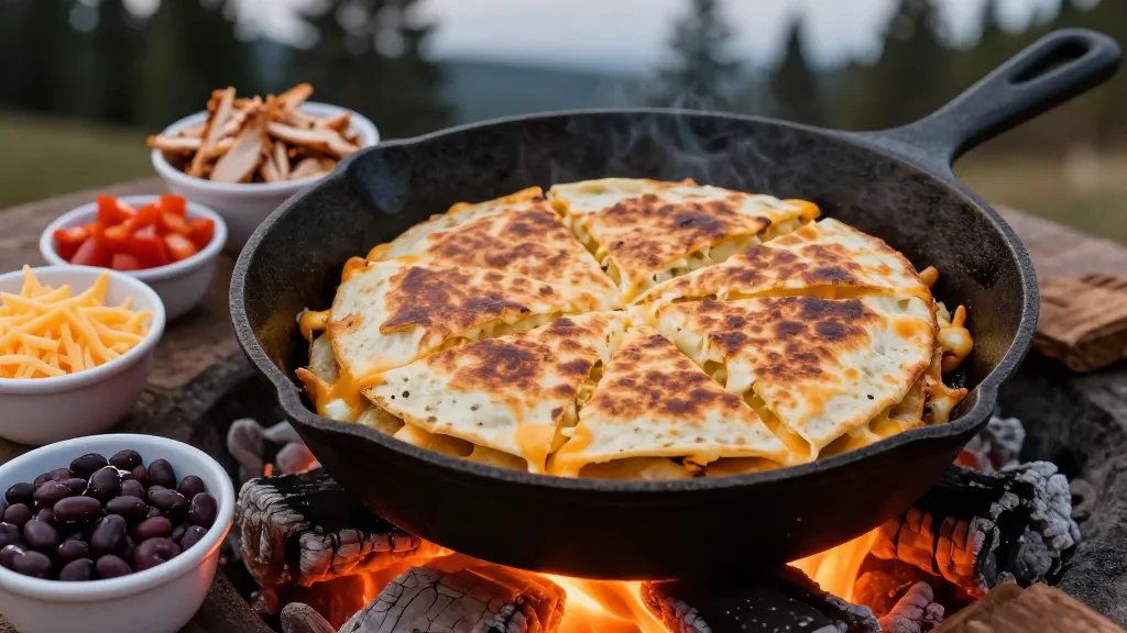 A close-up overhead shot of a golden-brown quesadilla cooking in a cast iron skillet over glowing campfire embers at dusk, with melted cheese visibly oozing from the edges, surrounded by small prep bowls containing shredded rotisserie chicken, black beans, diced peppers, and shredded cheese on a wooden camping table, with orange firelight illuminating the scene and pine trees blurred in the background