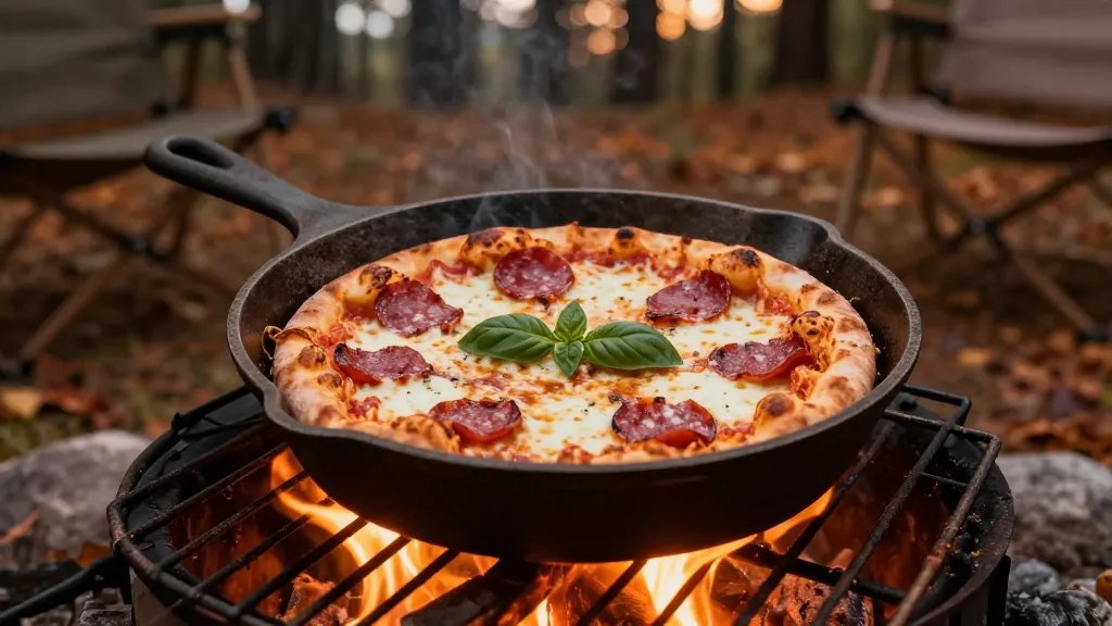 A rustic cast iron skillet sitting on a campfire grate with a golden-brown bubbling pizza inside, topped with melted mozzarella cheese, pepperoni, and fresh basil, shot from a 45-degree overhead angle with warm firelight glowing from below, camping gear and pine trees softly blurred in the background, autumn evening atmosphere with orange and amber tones