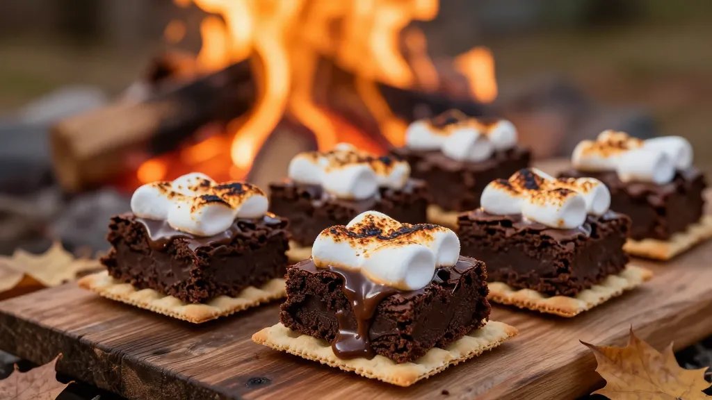 A close-up overhead shot of gourmet s'mores brownies assembled on graham crackers around a glowing campfire at dusk, featuring thick fudgy chocolate brownie squares topped with golden-brown toasted marshmallows with charred edges, melting down the sides, arranged on a rustic wooden board with autumn leaves scattered nearby, warm orange firelight reflecting off the melted chocolate and marshmallow, shallow depth of field with the campfire flames softly blurred in the background