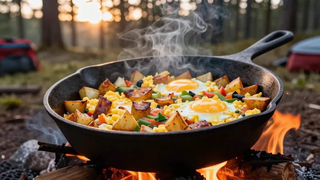 A rustic cast iron skillet over a crackling campfire in the early morning wilderness, filled with a hearty breakfast scramble featuring golden-brown crispy diced potatoes, fluffy scrambled eggs, and colorful vegetables, steam rising from the hot food, with soft dawn sunlight filtering through pine trees in the background, camping gear visible but blurred in the distance, shot from a 45-degree angle showing the texture and appetizing details of the one-pot meal, natural outdoor lighting creating warm amber tones