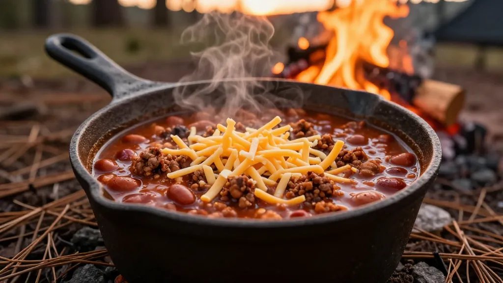 A rustic cast iron pot filled with steaming, hearty campfire chili topped with shredded cheese, photographed from a 45-degree angle at a wilderness campsite during golden hour, with flickering campfire flames visible in soft focus in the background, surrounded by camping gear and pine needles on the ground, warm orange and red tones dominating the scene, shallow depth of field focusing on the bubbling chili with visible beans and ground meat, natural outdoor lighting creating an inviting and cozy atmosphere
