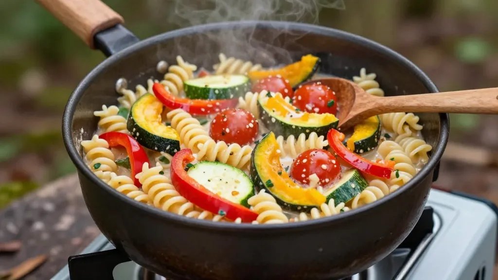 A overhead close-up photograph of a rustic camping pot filled with colorful one-pot pasta primavera, featuring spiral rotini pasta mixed with vibrant fresh vegetables including bright red bell peppers, green zucchini slices, yellow squash, and cherry tomatoes in a creamy sauce, steam rising from the dish, placed on a portable camping stove with a wooden spoon resting on the pot's edge, natural outdoor lighting with blurred forest background, shallow depth of field, appetizing and rustic camping meal presentation