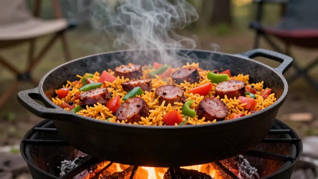 A rustic cast iron pot filled with vibrant Louisiana jambalaya sitting on a camping grate over glowing embers, steam rising from the colorful mix of golden rice, sliced andouille sausage rounds, diced red and green bell peppers, and chunks of tomatoes, photographed from a 45-degree angle in warm evening campfire light with a blurred forest background and camping gear visible in soft focus