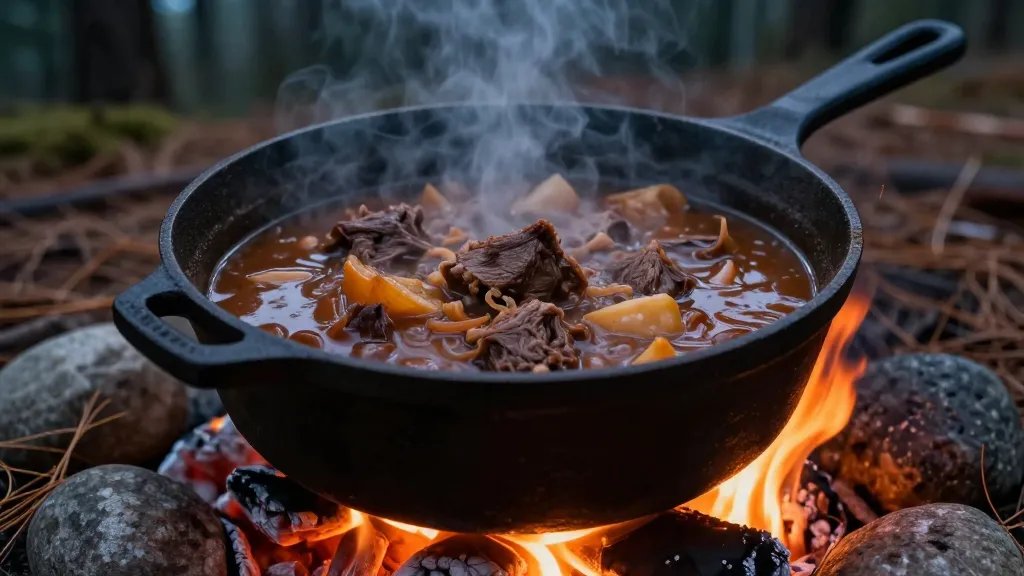 A rustic cast iron pot filled with hearty beef stew simmering over glowing campfire coals at dusk, with chunks of tender beef and vegetables visible in rich brown gravy, steam rising into the cool evening air, surrounded by fallen pine needles and smooth river rocks, warm orange firelight illuminating the pot against a darkening forest background, shallow depth of field focusing on the bubbling stew, captured from a 45-degree angle showing both the pot's contents and the campfire beneath