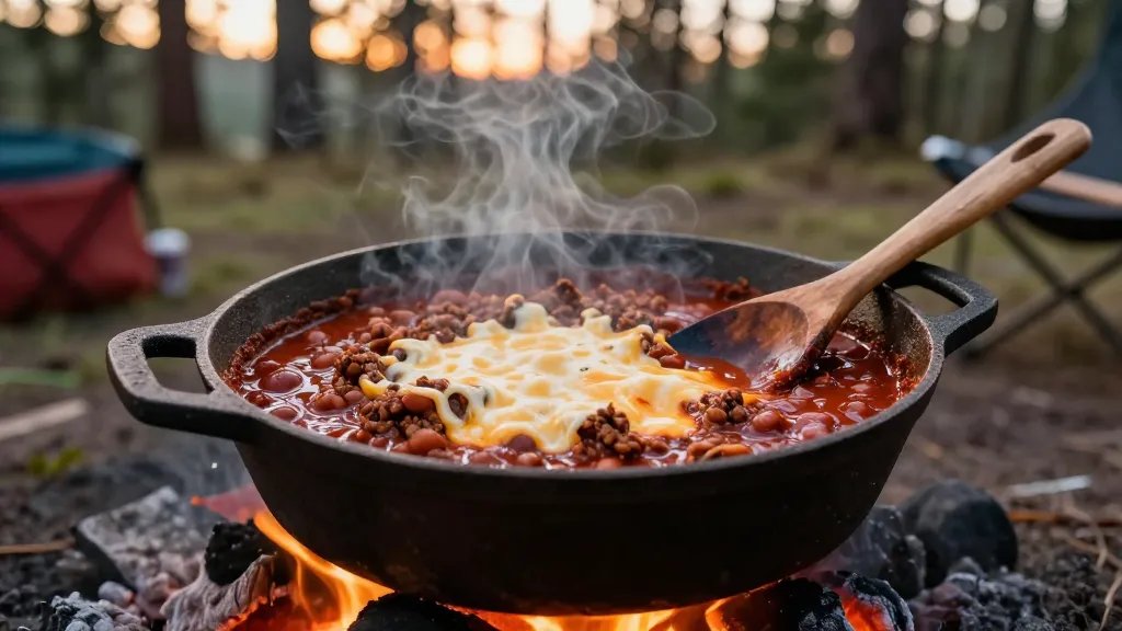 A rustic cast iron Dutch oven sitting on hot coals at a campsite, filled with bubbling dark red chili topped with melted cheese, chunks of ground meat and beans visible in the thick sauce, steam rising from the pot, with a weathered wooden spoon resting on the rim, warm firelight illuminating the scene from below, blurred pine trees and camping gear in the background, golden hour lighting, shallow depth of field focused on the chili's rich texture