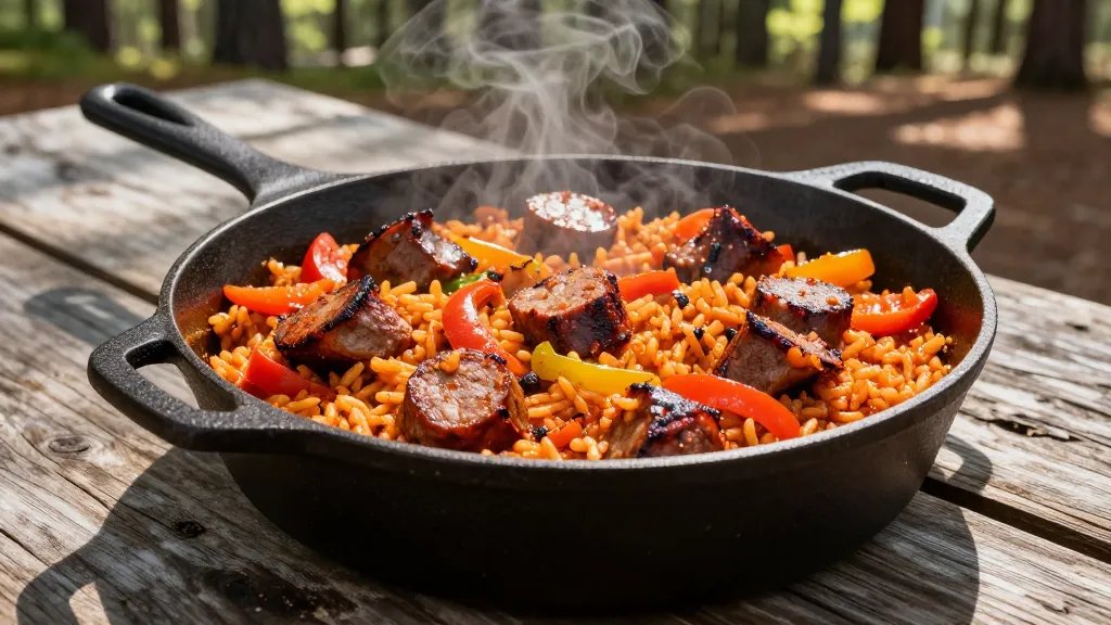 A rustic cast iron camping pot filled with vibrant red-orange jambalaya featuring chunks of browned andouille sausage, colorful bell peppers, and fluffy rice, photographed from a 45-degree angle outdoors at a campsite with dappled sunlight, wisps of steam rising from the dish, placed on a weathered wooden picnic table with pine trees softly blurred in the background, capturing the rich Cajun spices and glistening oils coating the ingredients in warm, appetizing natural lighting
