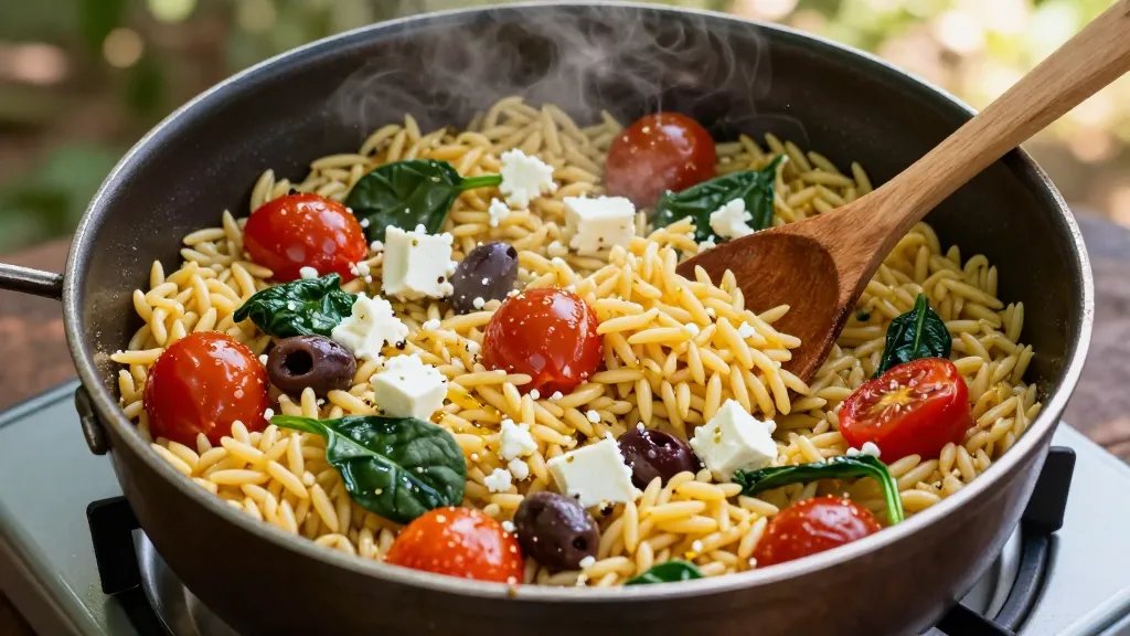 A close-up overhead shot of a rustic camping pot filled with golden-yellow orzo pasta mixed with vibrant cherry tomatoes, fresh spinach leaves, crumbled white feta cheese, and kalamata olives, steam rising from the dish, set on a portable camp stove with a wooden spoon resting in the pot, natural outdoor lighting filtering through trees in the background, Mediterranean-style one-pot meal presentation with olive oil glistening on the pasta