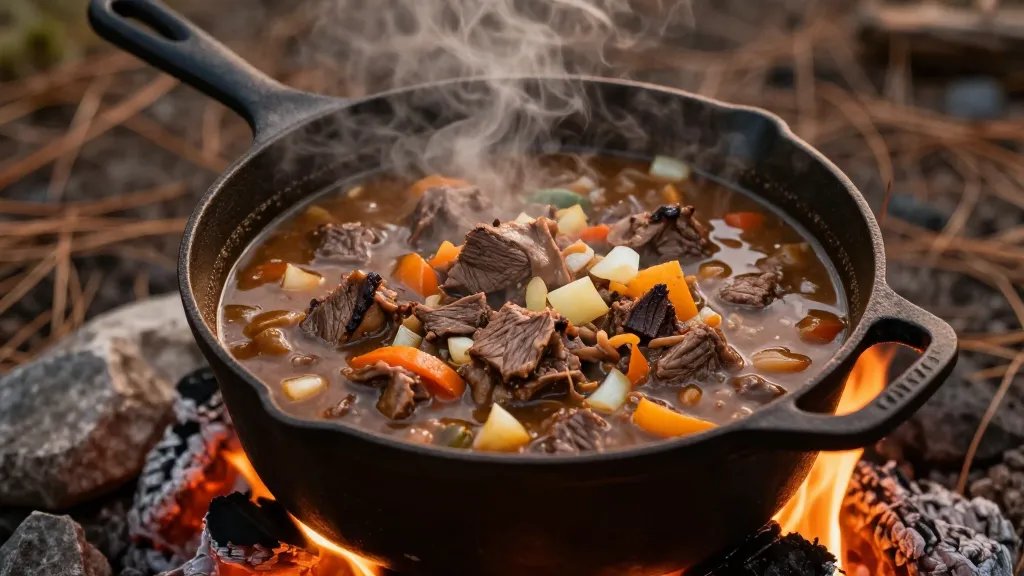 A rustic cast iron Dutch oven sitting on glowing campfire embers filled with bubbling cowboy stew featuring tender chunks of seared beef, diced onions, and hearty vegetables in rich brown gravy, photographed from a 45-degree overhead angle with warm firelight illuminating the steam rising from the pot, surrounded by natural wilderness setting with pine needles and rocks visible on the ground, shallow depth of field focusing on the stew's texture and ingredients, golden hour lighting creating a cozy frontier atmosphere