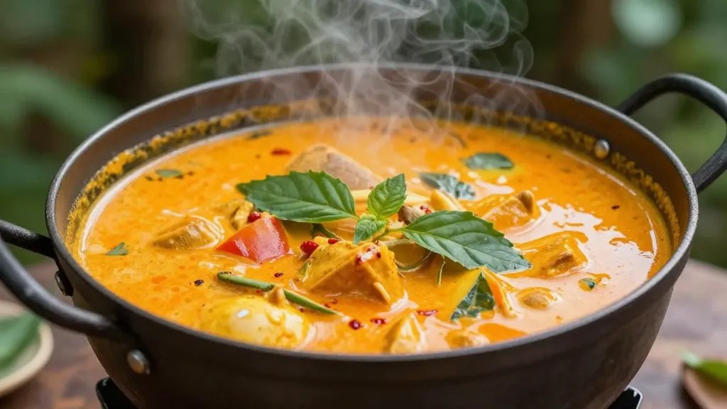 A rustic camping pot filled with vibrant orange-red Thai coconut curry bubbling gently over a portable camp stove, with visible chunks of vegetables and protein swimming in the creamy coconut sauce, wisps of aromatic steam rising from the surface, photographed from a 45-degree angle in natural outdoor lighting with blurred forest greenery in the background, shallow depth of field focusing on the rich, glossy curry texture with visible Thai basil leaves and red chili flakes floating on top