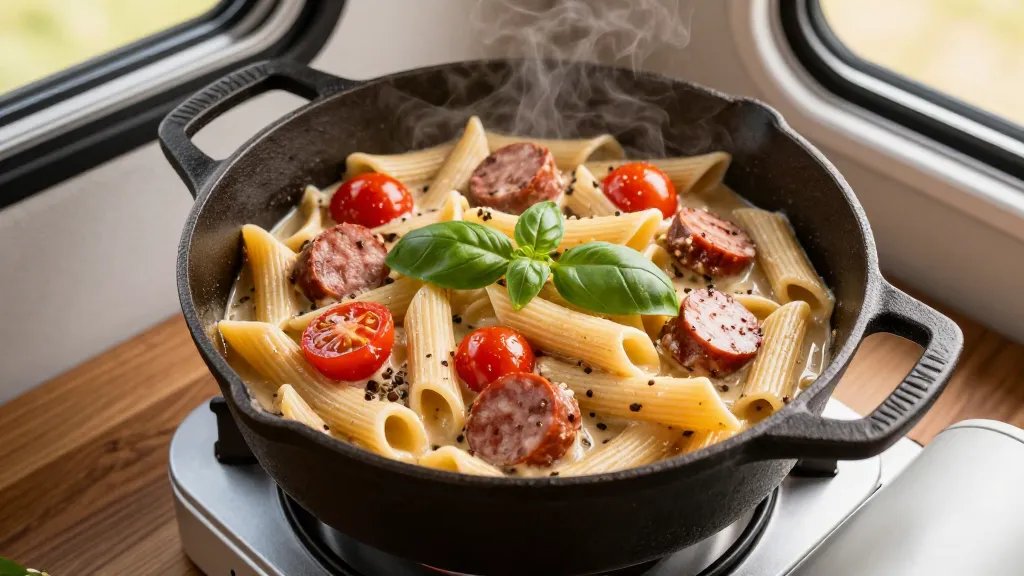 A overhead close-up shot of a rustic cast iron pot filled with creamy one-pot pasta featuring penne noodles, cherry tomatoes, fresh basil leaves, and chunks of Italian sausage in a rich sauce, steam rising from the dish, sitting on a portable camping stove inside a camper van with warm natural lighting streaming through a window, wooden countertop visible in the background