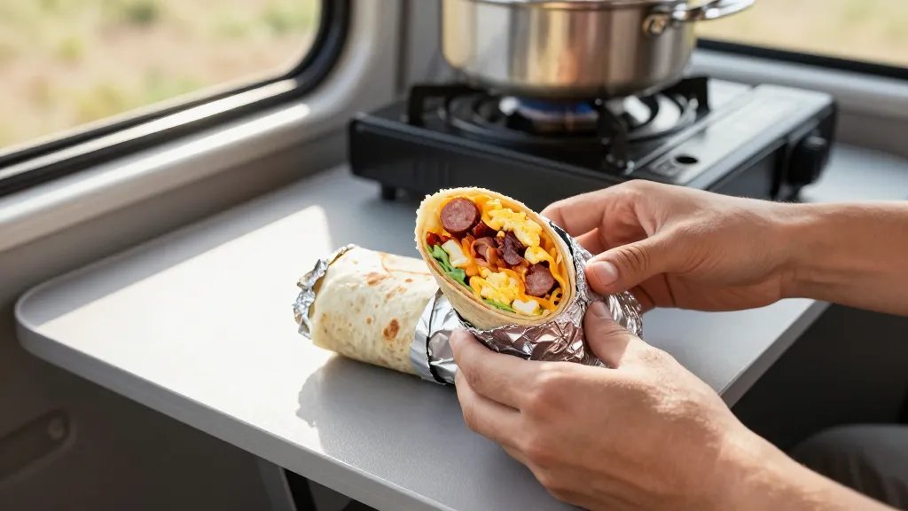 A close-up overhead shot of hands unwrapping a foil-wrapped breakfast burrito on a camper van's fold-down table, with the burrito cut in half to reveal colorful layers of scrambled eggs, melted cheese, crispy bacon, and sausage inside a flour tortilla, morning sunlight streaming through the van window, with a portable camp stove slightly blurred in the background, shallow depth of field, warm natural lighting, realistic food photography style