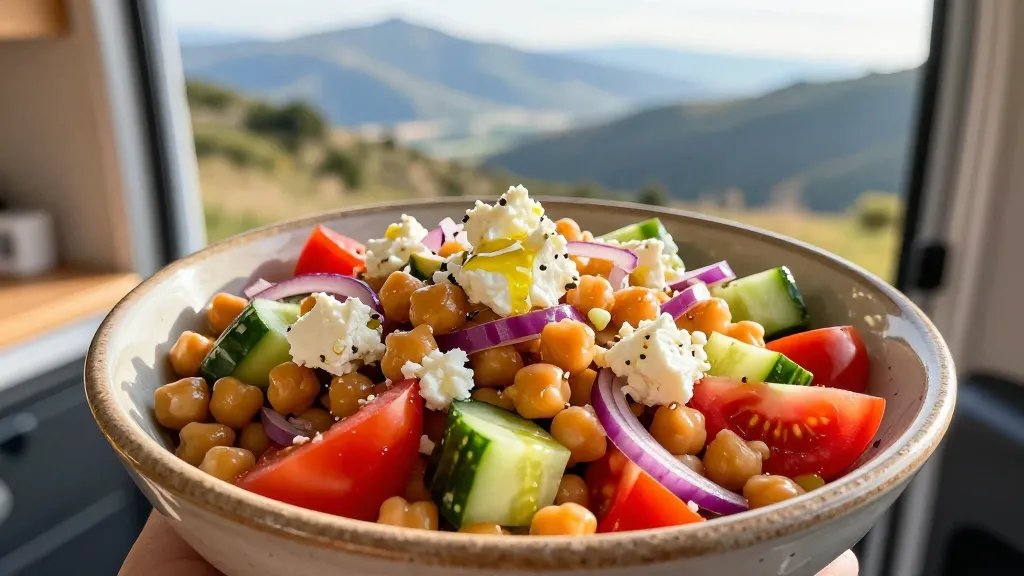 A vibrant Mediterranean chickpea salad served in a rustic ceramic bowl inside a camper van, photographed from a close overhead angle showing the colorful ingredients - golden chickpeas, bright red tomatoes, fresh cucumber chunks, purple red onion slices, and crumbled white feta cheese glistening with olive oil, with the blurred background showing a van window overlooking a scenic mountain viewpoint bathed in warm afternoon sunlight, creating a fresh and appetizing composition with natural lighting