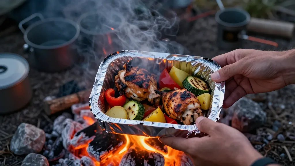 A close-up overhead shot of hands opening a steaming aluminum foil packet over glowing campfire coals at dusk, revealing perfectly cooked chicken thighs with colorful bell peppers, golden potato chunks, and charred zucchini slices inside, with orange firelight reflecting off the foil edges and wisps of aromatic steam rising into the darkening evening air, surrounded by scattered camping cookware on rocky ground