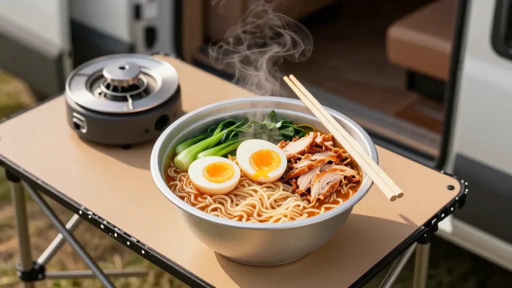 A overhead view of a steaming bowl of gourmet-style ramen noodles in a camping bowl sitting on a folding camper van table, featuring a soft-boiled egg with a golden runny yolk, shredded rotisserie chicken, bright green vegetables, and chopsticks resting on the side, with the blurred interior of a camper van and a small portable camping stove visible in the background, warm afternoon sunlight streaming through the van window creating soft shadows, photorealistic style with shallow depth of field focusing on the colorful, appetizing noodle bowl