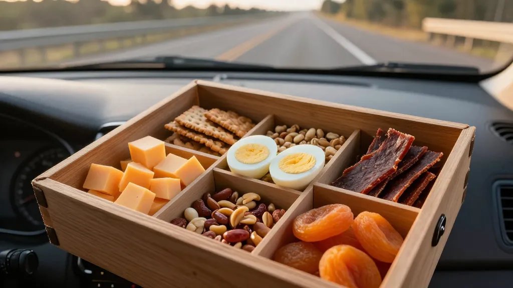 A overhead photograph of an open rustic wooden snack box on a car dashboard during golden hour, filled with compartments containing cubed cheddar cheese, hard-boiled eggs cut in half, mixed nuts, beef jerky strips, whole grain crackers, and dried apricots, with a blurred windshield view of an open highway in the background, natural lighting streaming through the window, shallow depth of field, warm tones