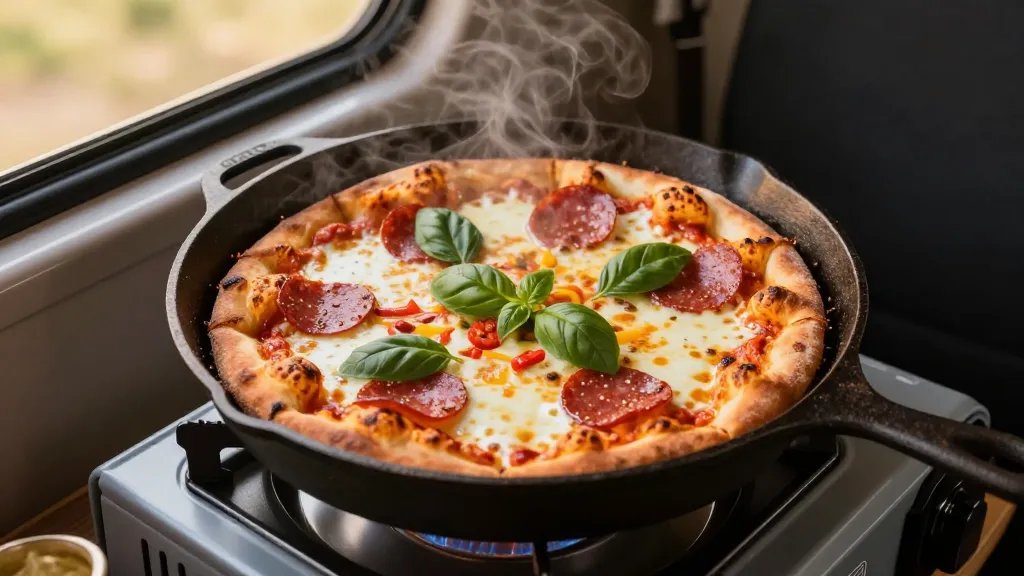 A close-up overhead view of a cast iron skillet on a portable camp stove inside a camper van, containing a freshly cooked personal-sized pizza with golden-brown crispy edges, bubbling melted mozzarella cheese, and colorful toppings including sliced pepperoni and fresh basil leaves, with steam rising from the hot pizza, warm evening light streaming through the van window, and blurred camping gear visible in the background