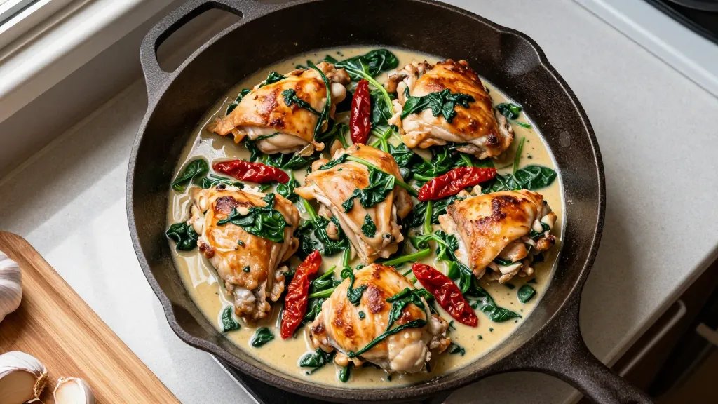 A top-down overhead photograph of a rustic cast iron skillet filled with golden-brown chicken thighs in a creamy beige sauce, vibrant green spinach leaves wilted throughout, and bright red sun-dried tomatoes scattered across the dish, sitting on a compact RV kitchen counter with a wooden cutting board and fresh garlic cloves visible at the edge of the frame, warm natural lighting streaming through a nearby window creating soft shadows, shallow depth of field with the skillet in sharp focus