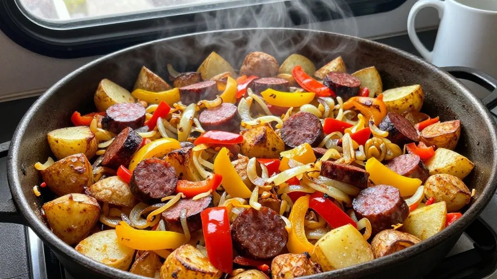 A top-down photograph of a golden-brown breakfast hash on a rimmed sheet pan fresh from the oven, featuring crispy diced potatoes, colorful red and yellow bell peppers, caramelized onions, and chunks of breakfast sausage, with wisps of steam rising from the pan, shot in natural morning light streaming through an RV window, with a white ceramic coffee mug partially visible at the edge of the frame, photographed at a 45-degree angle to show depth and texture of the crispy, roasted ingredients