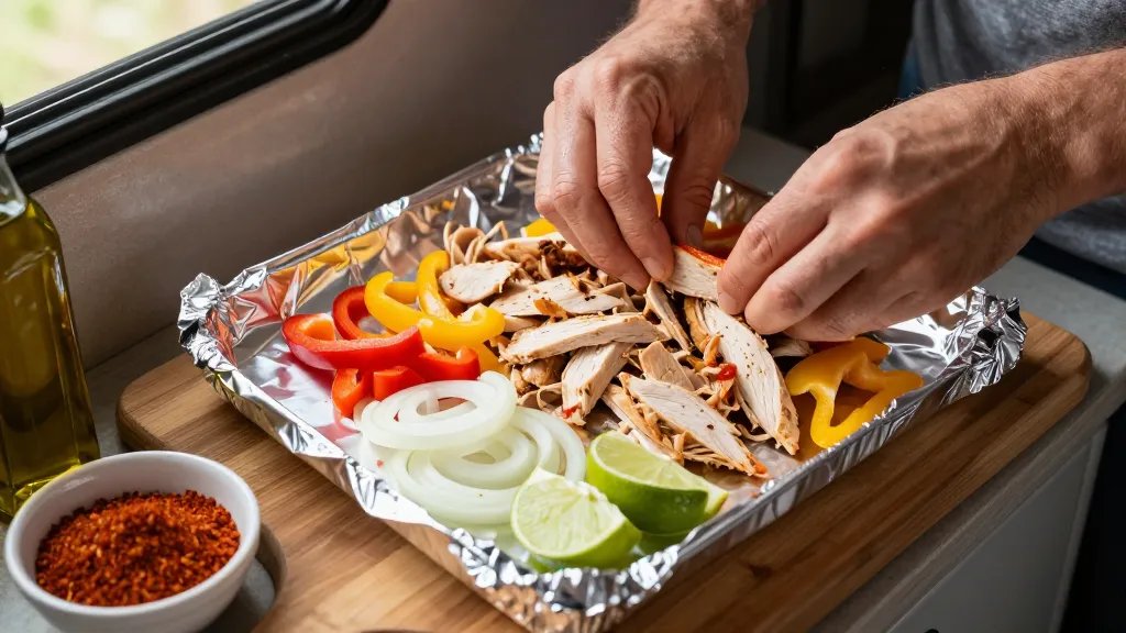 A close-up overhead shot of hands assembling a foil packet fajita over a wooden cutting board inside an RV, with sliced raw chicken strips, colorful red and yellow bell peppers, white onion slices, and lime wedges arranged on a large sheet of aluminum foil, with a small bowl of reddish-brown fajita seasoning and a bottle of olive oil visible in the corner, warm natural lighting streaming through an RV window creating soft shadows, shallow depth of field focusing on the vibrant ingredients