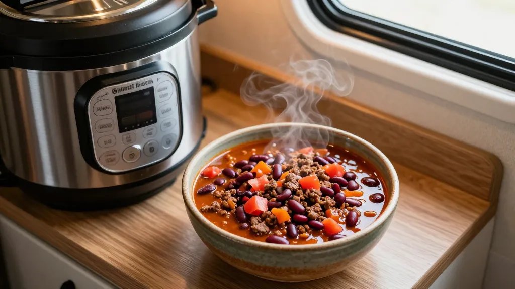 A close-up overhead photograph of a steaming bowl of rich, hearty chili with ground beef, red kidney beans, and diced tomatoes in a rustic ceramic bowl, sitting on a compact RV kitchen counter next to a modern stainless steel Instant Pot with its lid open, warm ambient lighting from an RV window casting natural shadows, shallow depth of field focusing on the textured chili with visible chunks of peppers and beans, cozy compact kitchen setting with wood grain countertop visible in the background