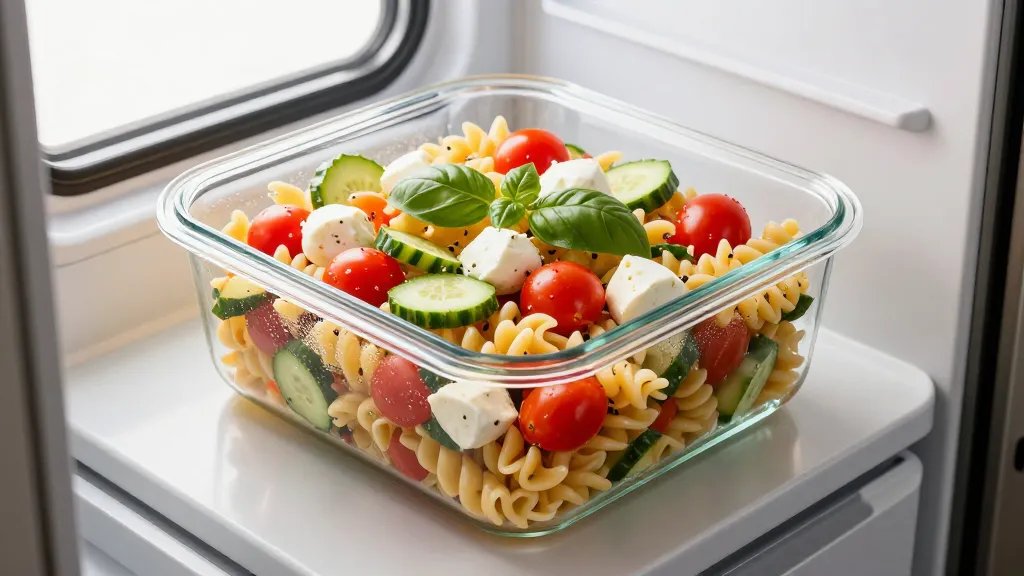 A vibrant overhead shot of a large glass storage container filled with colorful cold pasta salad featuring rotini pasta, cherry tomatoes, cubed mozzarella, sliced cucumbers, and fresh basil leaves in an Italian vinaigrette, sitting on a compact RV kitchen counter with soft natural window light, shallow depth of field, professional food photography style with condensation visible on the container suggesting it's fresh from the refrigerator
