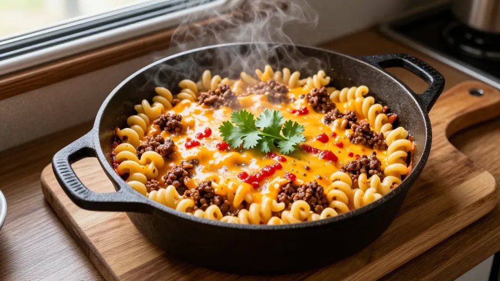 A rustic overhead photograph of a single large cast iron pot filled with steaming cheesy taco pasta, showcasing golden-brown ground beef mixed with spiral rotini pasta coated in melted orange cheese and red salsa, garnished with fresh cilantro leaves, placed on a wooden cutting board inside a cozy RV kitchen with warm natural lighting streaming through a window, shallow depth of field focusing on the bubbling cheese and pasta texture