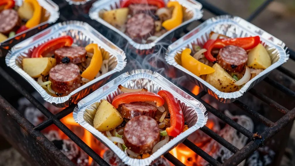 A close-up overhead shot of multiple opened aluminum foil packets on a rustic campfire grate, revealing colorful steaming contents of sausage slices with vibrant red and yellow bell peppers, golden-brown potato chunks, and caramelized onions, with flames and glowing embers visible underneath the grate, shot in warm evening campfire lighting with shallow depth of field focusing on the nearest foil packet