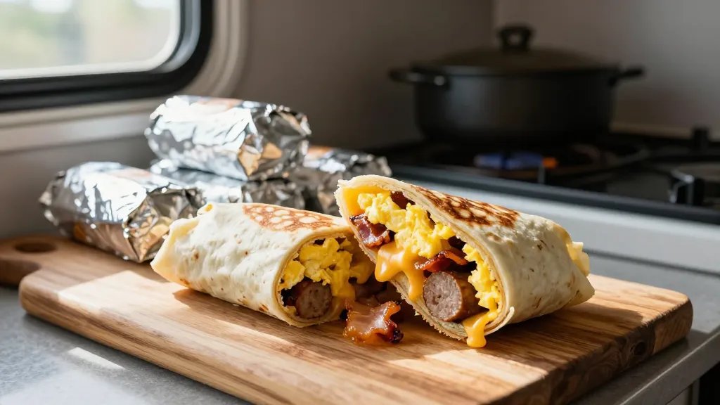 A warm breakfast burrito cut in half on a rustic wooden cutting board inside an RV kitchenette, showing the cross-section of scrambled eggs, melted cheese, crispy bacon pieces, and sausage spilling out from a golden-brown tortilla, with several foil-wrapped burritos stacked in the background near a compact RV stove, morning sunlight streaming through a small RV window creating soft shadows, shallow depth of field focusing on the burrito's appetizing interior