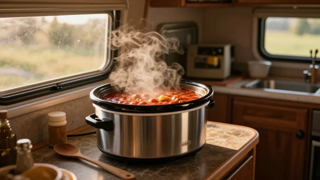 A cozy RV interior scene showing a compact stainless steel slow cooker sitting on a countertop with steam rising from hot, bubbling chili inside, warm amber evening light streaming through the RV window, wooden spoon resting beside the cooker, soft focus background showing small RV kitchen details, captured from a side angle at counter level, inviting and homey atmosphere with rich red and brown tones from the chili visible.