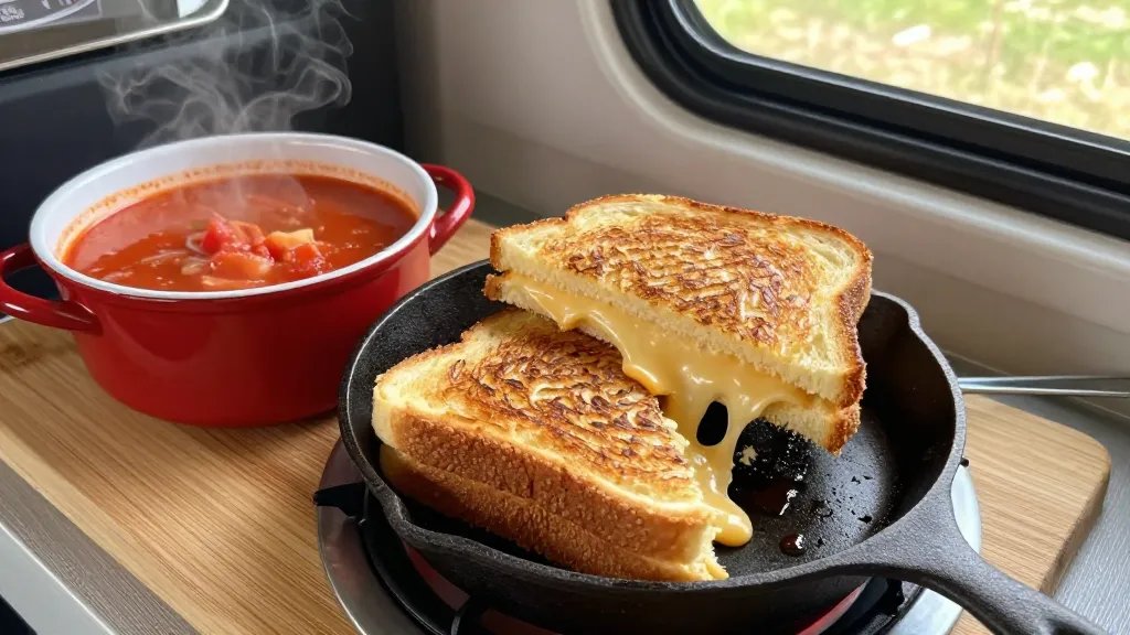 A close-up overhead shot of a golden-brown grilled cheese sandwich being lifted from a cast iron griddle on a camping stove, showing the stretching melted cheese inside, with a rustic red enamel bowl of steaming tomato soup beside it, all set on a wooden cutting board inside an RV kitchen, natural daylight streaming through the window, warm and inviting outdoor camping atmosphere