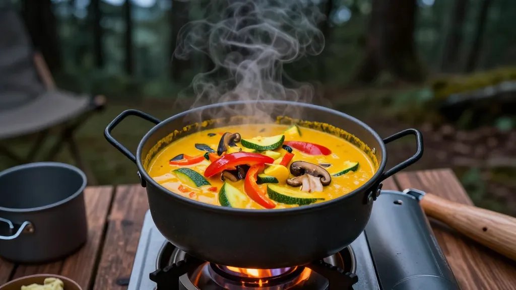 A rustic camping scene showing a steaming pot of vibrant golden-orange coconut curry with colorful bell peppers, zucchini slices, and mushrooms visible in creamy sauce, set on a portable camping stove with a forest backdrop at dusk, warm firelight illuminating the dish, condensation rising from the pot, with camping cookware scattered nearby on a wooden picnic table