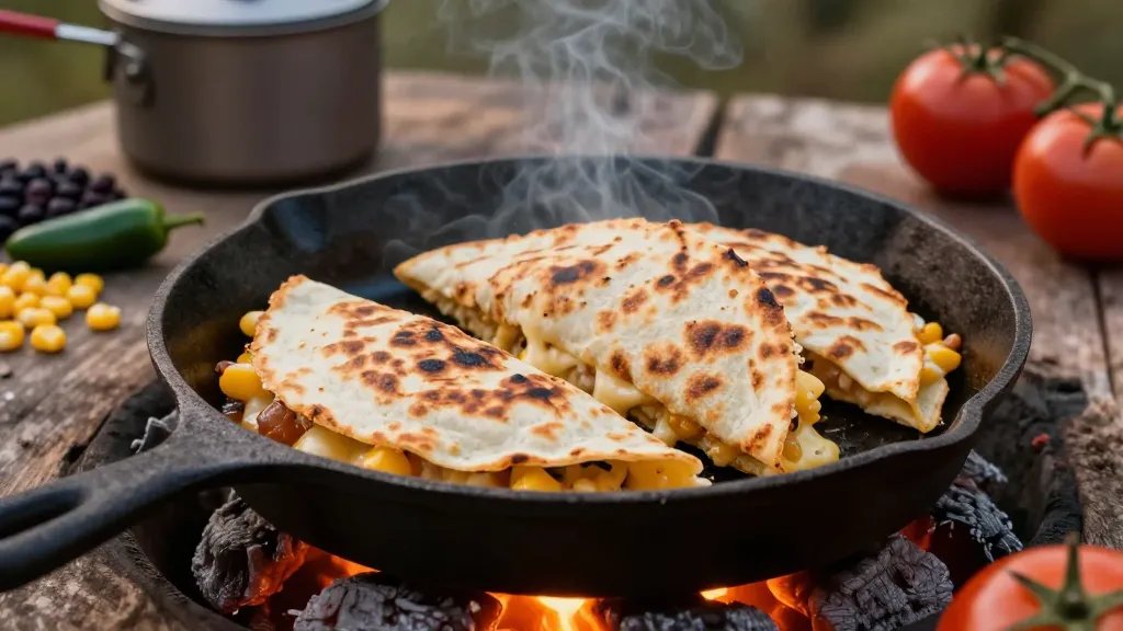 A rustic close-up photograph of golden-brown quesadillas cooking on a cast-iron skillet over glowing campfire embers, with melted cheese oozing out from the sides and visible char marks on the tortilla, surrounded by camping cookware and ingredients like black beans, jalapeños, corn kernels, and fresh tomatoes scattered on a weathered wooden camp table, captured in warm evening light with smoke gently rising in the background