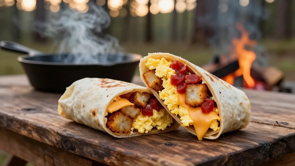 A close-up overhead shot of a freshly assembled breakfast burrito cut in half on a rustic wooden camping table, revealing layers of fluffy scrambled eggs, golden crispy hash browns, melted cheddar cheese, and vibrant red salsa inside a warm flour tortilla, with a cast iron skillet and campfire smoke softly blurred in the background, early morning golden hour lighting filtering through pine trees, shallow depth of field, natural outdoor camping setting