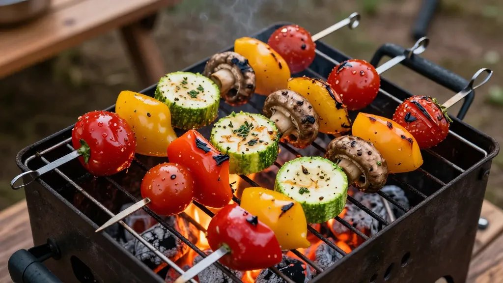 A close-up overhead shot of colorful gourmet vegetable skewers on a portable camping grill over glowing coals, featuring vibrant red and yellow bell peppers, cherry tomatoes, thick zucchini rounds, and whole button mushrooms glistening with herb marinade, with metal skewers reflecting the firelight, set against a rustic outdoor camping background with a wooden picnic table edge visible, natural evening lighting creating appetizing highlights on the charred vegetables